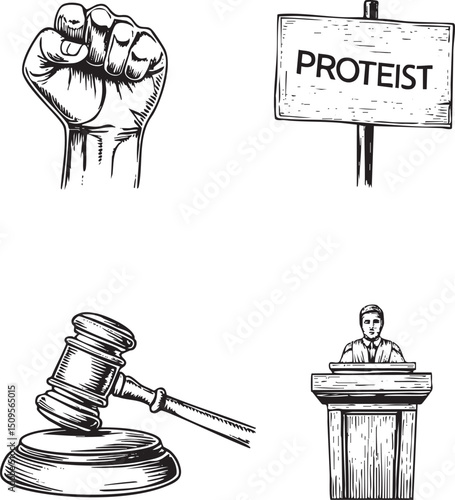 raised fist holds a protest sign against a gavel resting on a judge's bench.