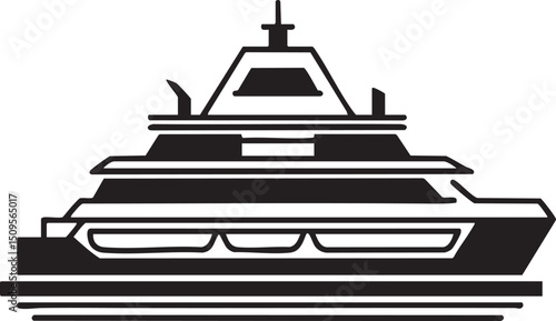 sleek black warship glides across a calm water surface.