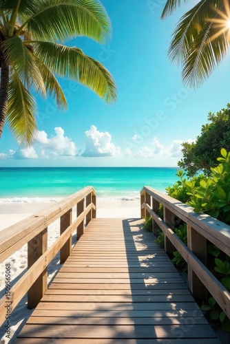 Wallpaper Mural Sun-drenched wooden boardwalk stretches along a pristine sandy beach, turquoise waves gently lapping the shore  Perfect for summer vacation, coastal living, and relaxation themes , ocean, sun Torontodigital.ca
