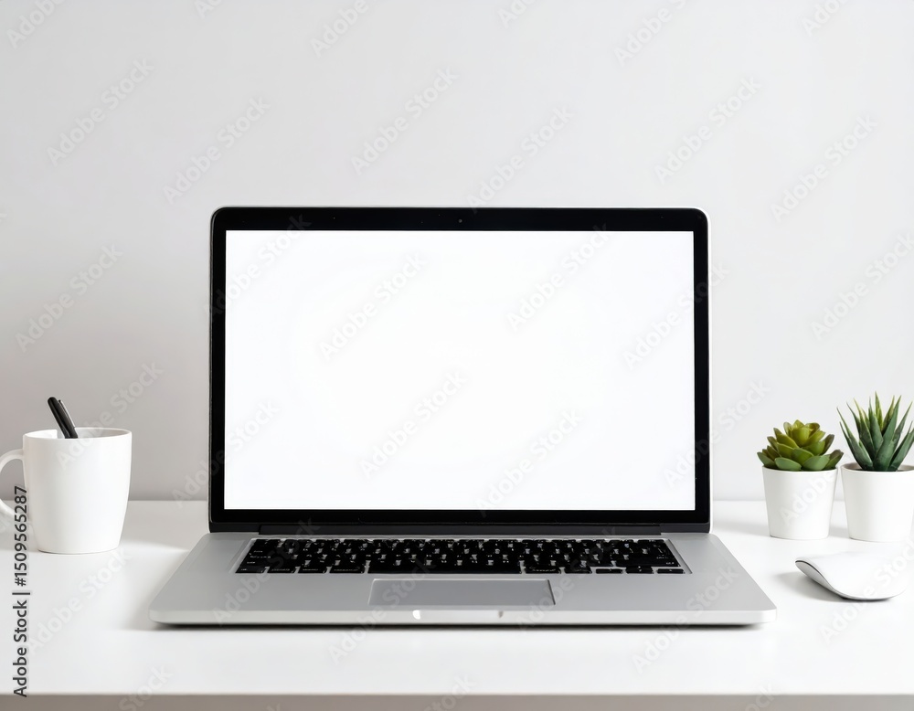Fototapeta premium Minimalist workspace with laptop coffee mug and succulents on a white desk