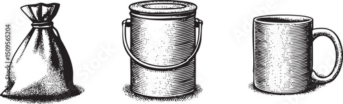 Three simple containers – a sack bucket and mug – are depicted in black and white.