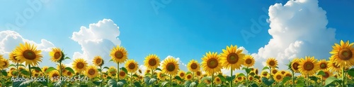 Vibrant sunflowers stretch towards a breathtaking, vast blue sky, creating a stunning natural scene  Perfect for nature, summer, or agriculture themes , overcast sky, sunflowers, beauty