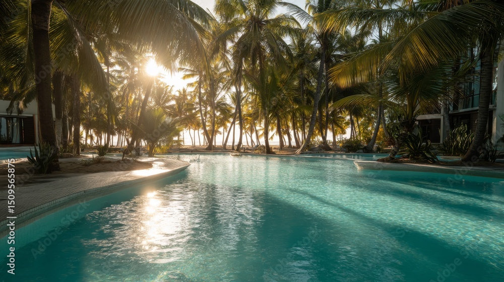 Fototapeta premium Infinity pool surrounded by lush palm trees at tropical island resort during golden evening light, peaceful and exotic summer destination captured in high detail