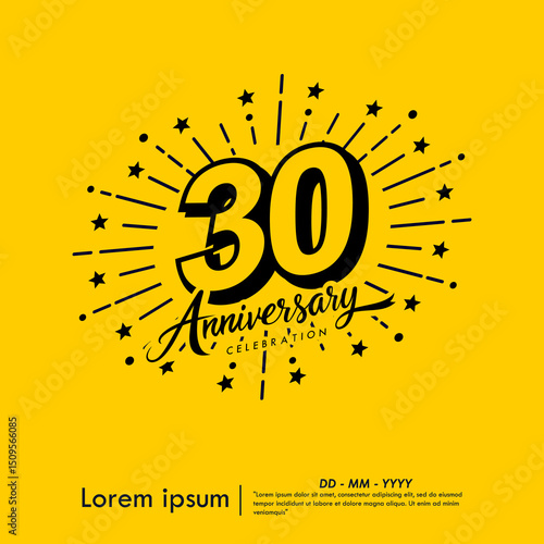 30th years anniversary celebration emblem. congratulations anniversary logo isolated with ribbon and starburst on yellow background. vector illustration template design