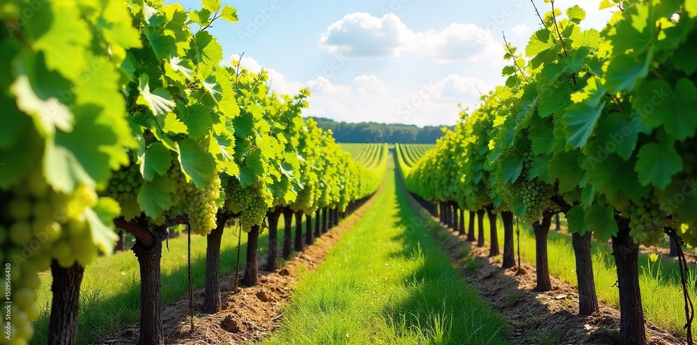 Fototapeta premium Rows of lush, green grapevines stretching across a sunny vineyard, ripe grapes hanging heavy on the vines, ready for harvest A picturesque scene of idyllic countryside agriculture , beautiful, sun