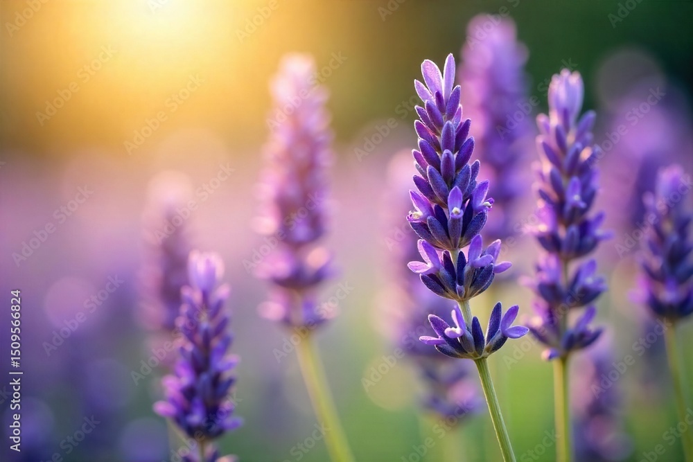 Fototapeta premium Close-up of blooming lavender flowers, bathed in soft sunlight, exuding a calming, mellow aroma Perfect for relaxation and aromatherapy themes , spring, texture, close up