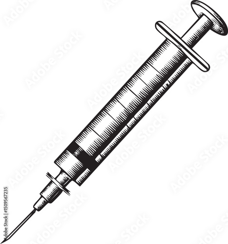 black and white syringe extends from a clear plastic barrel.