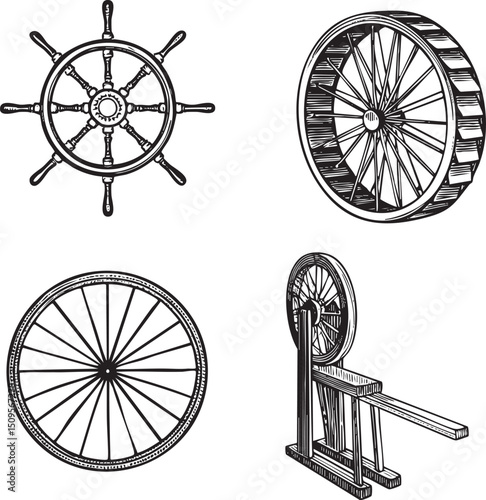 Vintage nautical wheel and textile machinery illustrations