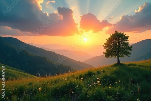 Serene landscape at dawn, conveying peace, inner wisdom, and spiritual growth A mature sense of calm pervades the scene, suggesting acceptance and contentment , meditation, wisdom