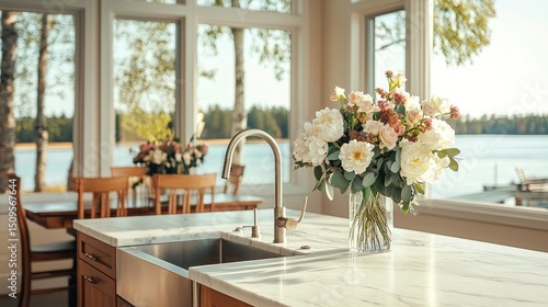 A beautiful bouquet of pastel flowers sits on a marble countertop.