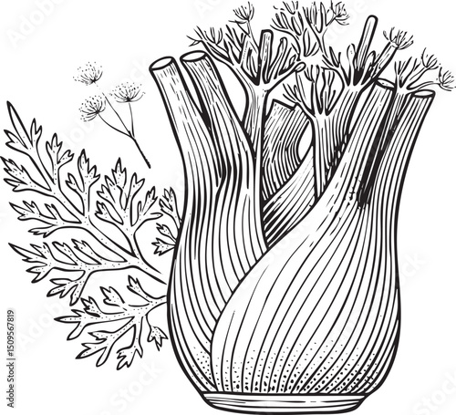 black and white of a leek with parsley.