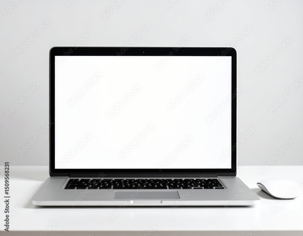 Silver laptop with a blank white screen and a wireless mouse on a white desk Silver laptop with a blank white screen and a wireless mouse on a white desk