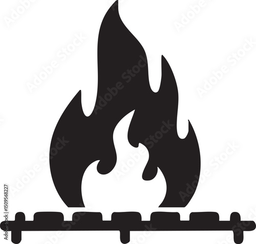 black silhouette of flames rises above a horizontal grilling surface.