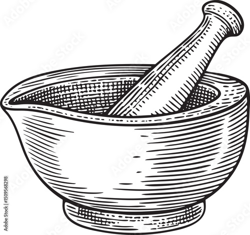 wooden mortar and pestle rests on a dark surface ready for grinding.