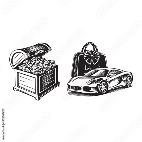 wooden chest overflows with coins accompanied by a sleek sports car and designer handbag.