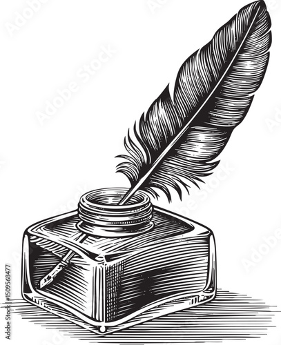 black inkwell rests upon a polished wooden surface with a delicate feather poised above it.
