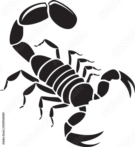 stylized black scorpion silhouette stands prominently against a white background.