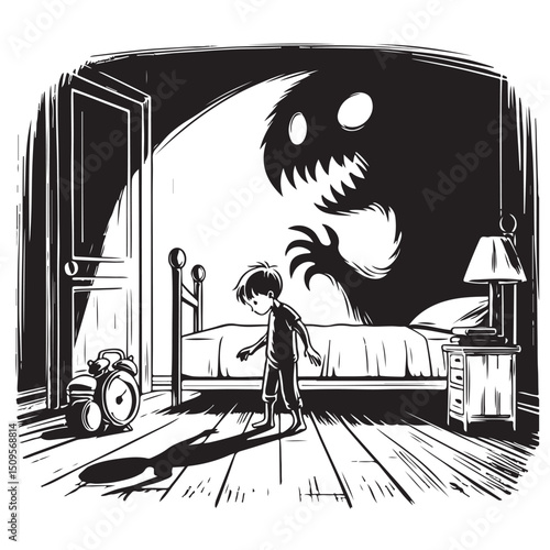 Vector illustration of a child having a nightmare with a monster shadow on the bedroom wall