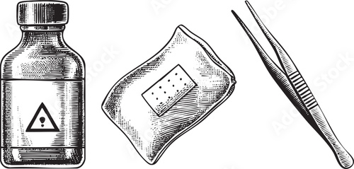 bottle of liquid a sealed bag and tweezers sit on a white surface.