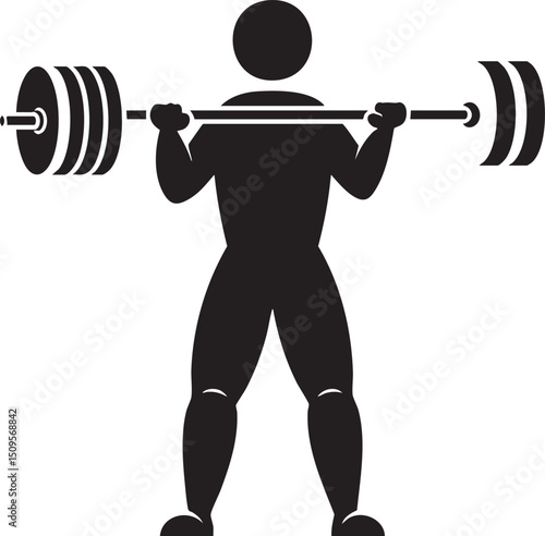 muscular figure powerfully lifts a barbell overhead.