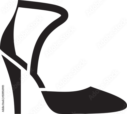stylized black high-heeled shoe silhouette stands against a white background.