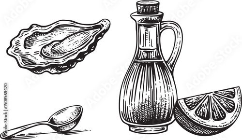 black and white depicts an oyster a spoon and a bottle of vinegar with lemon slices.