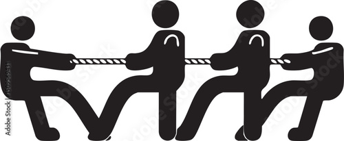 Four figures pull a rope with focused effort.