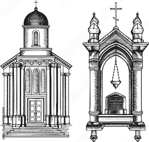Two detailed architectural drawings depict a church and a small ornate shrine.