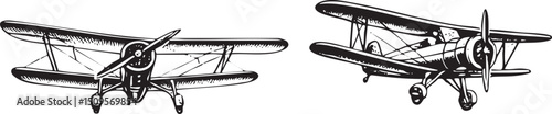 Two vintage biplanes are shown side-by-side in black and white.