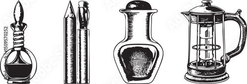 Vintage writing instruments and inkwell are arranged on a wooden surface.