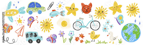 Kids chalk drawings big set. Crayon freehand child baby hand drawn scribble nature elements: smile sun, flower, duck, car, earth, bicycle, butterfly. Cute pencil school vector illustration isolated