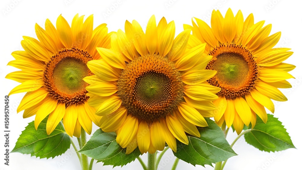 Fototapeta premium Three vibrant sunflowers with green leaves arranged on a pure white background. 