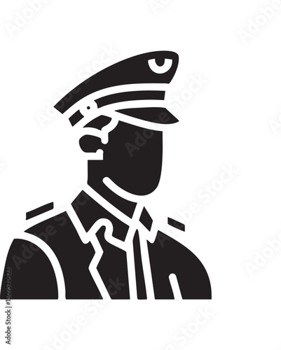 uniformed man wears a peaked cap and tie.