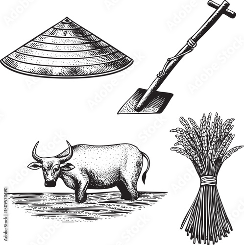 water buffalo stands beside a bundle of harvested grains beneath a conical hat.