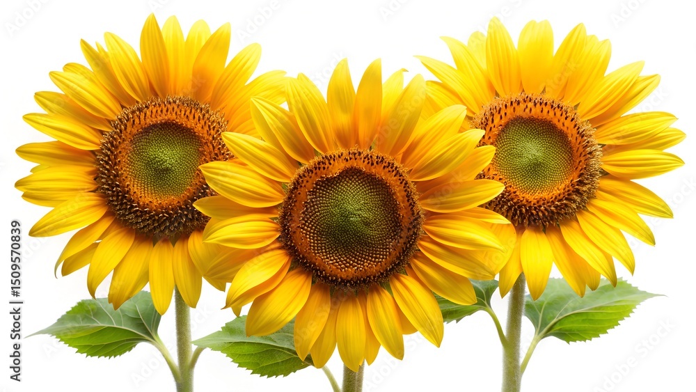 Obraz premium Three vibrant sunflowers with green leaves arranged on a pure white background. 