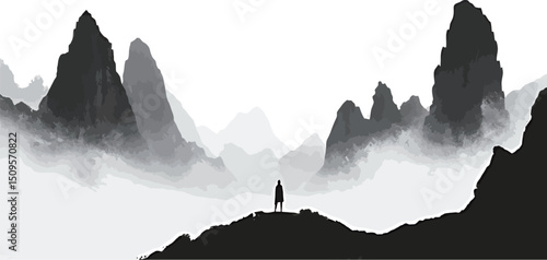 Silhouette of a lone figure amidst majestic black and white mountains.