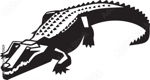 stylized black and white depicts a powerful crocodile poised to strike.