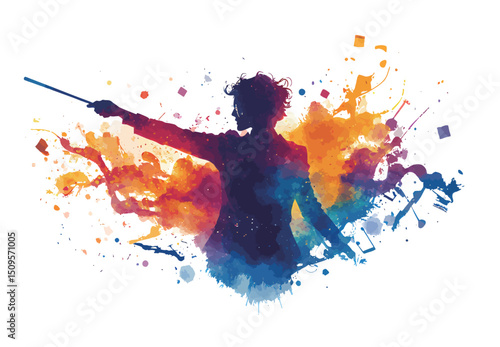 Artistic silhouette of a charismatic conductor with vibrant watercolor splashes.