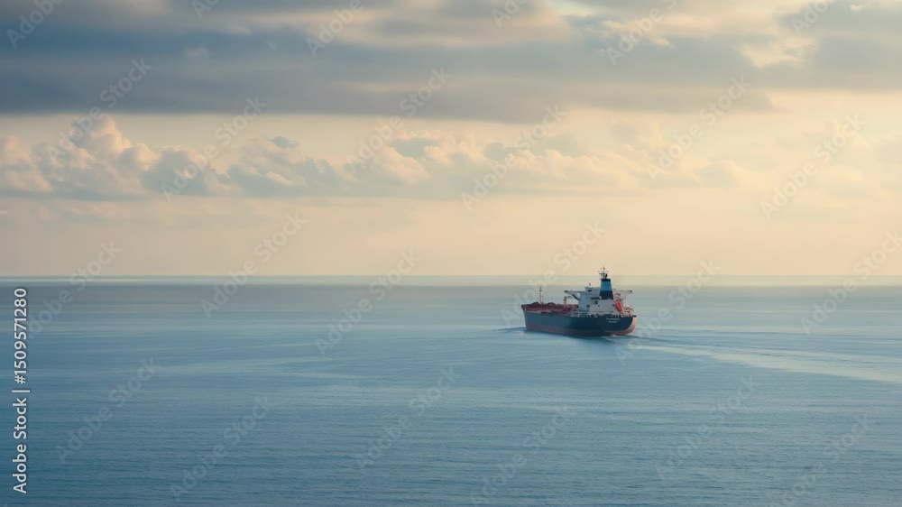 Cargo ship sailing across vast blue ocean under cloudy sky. Maritime transportation industry. Global trade and logistics concept. Aerial seascape view. Cargo ship sailing across vast blue ocean under cloudy sky. Maritime transportation industry. Global trade and logistics concept. Aerial seascape view.