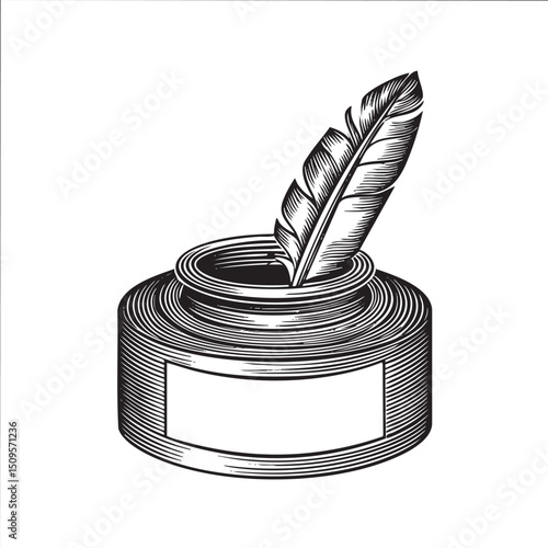 vintage inkwell holds a quill pen ready for writing.