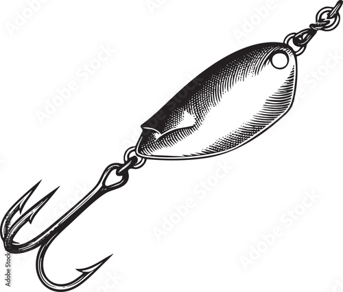 silver fishing lure with a curved hook dangles from a nylon .