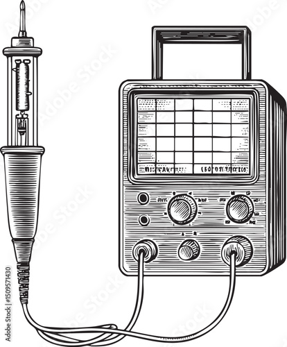 vintage multimeter device with a soldering iron is displayed on a wooden surface.