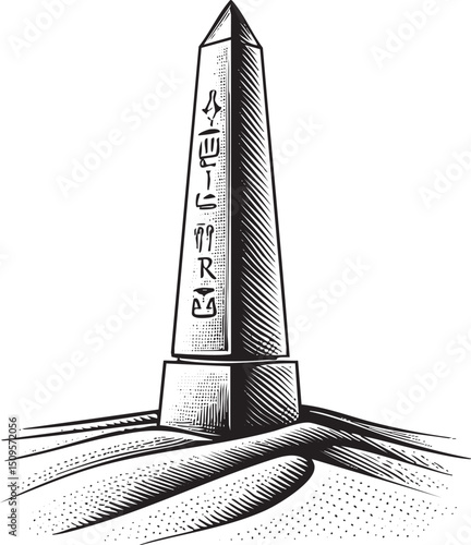 tall ancient stone obelisk stands on a sandy dune.