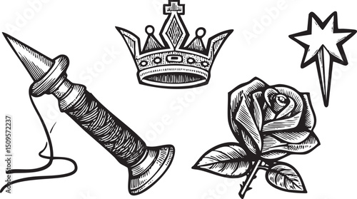spool of thread with a and a crown rose and star.