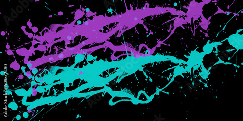 Abstract artistic background featuring vibrant purple and teal paint splashes against a bold black backdrop creating a dynamic modern composition.