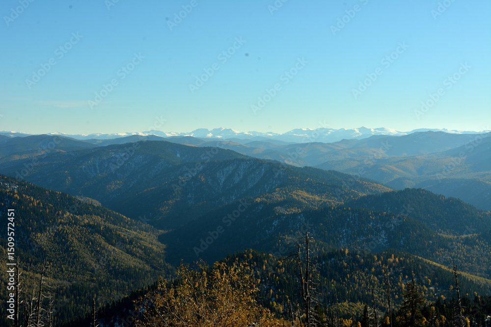 Fototapeta premium Endless mountain ranges covered with dense coniferous forest and snow-capped peaks in the distance on a sunny autumn day.