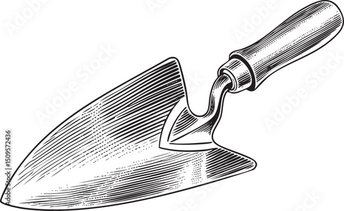 detailed black and white of a gardening trowel.
