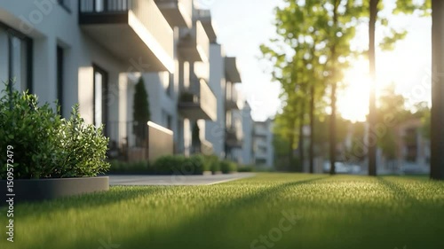 Modern apartment building exterior view with green lawn and sunlight