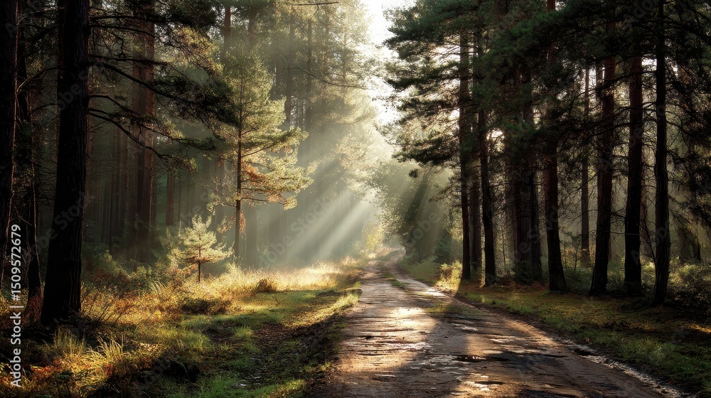 Fototapeta premium Sunlit Path Through a Pine Forest Serene Nature Photography