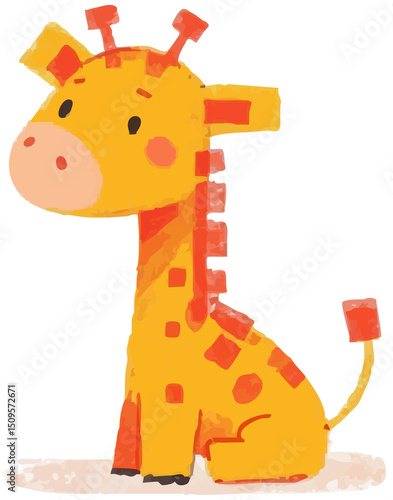 Cute Sitting Baby Giraffe Crayon Drawing, Hand-drawn and Isolated, Zoo and Jungle Animal, PNG